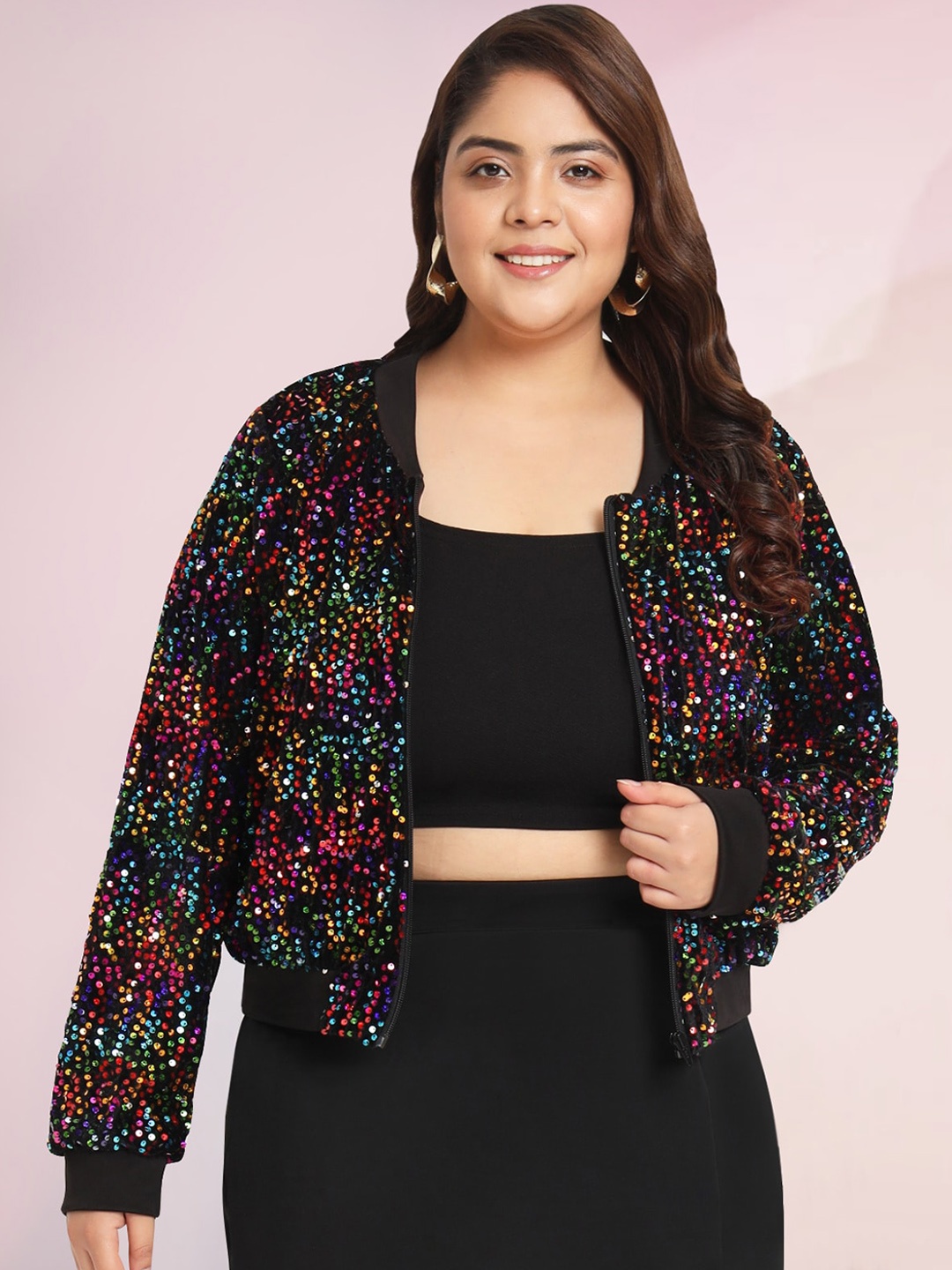 

wild U Women Black Multicoloured Crop Bomber Jacket