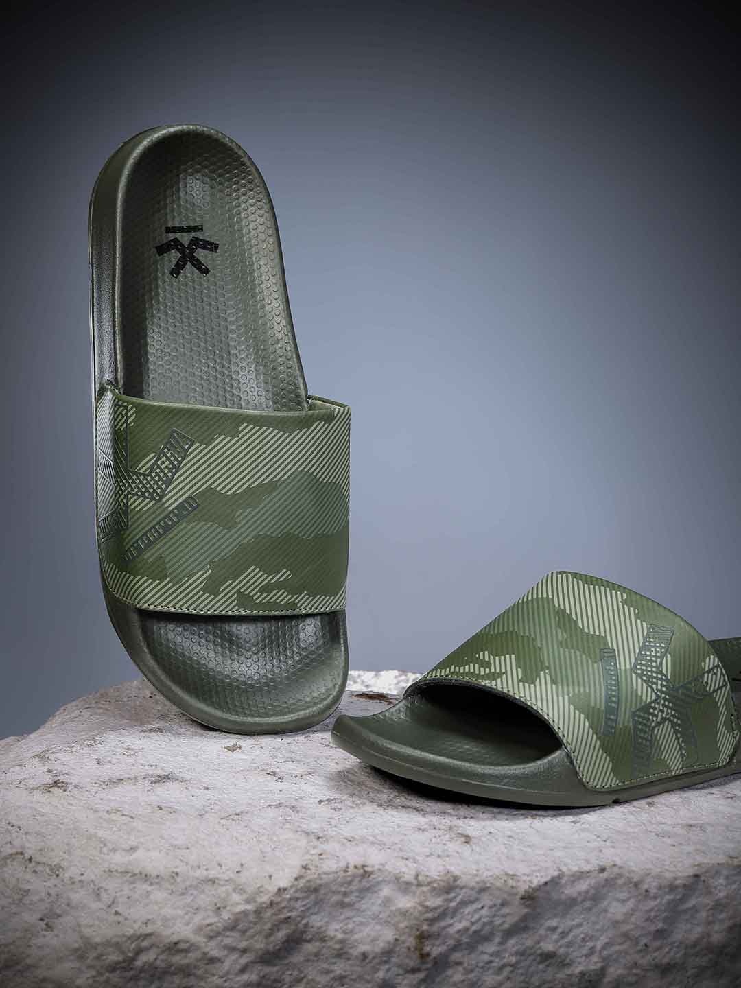 

WROGN Men Striped & Brand Logo Printed Sliders, Olive