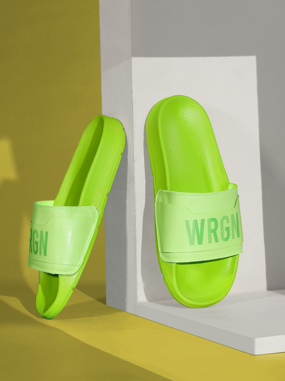 

WROGN Men Brand Logo Printed Sliders, Fluorescent green