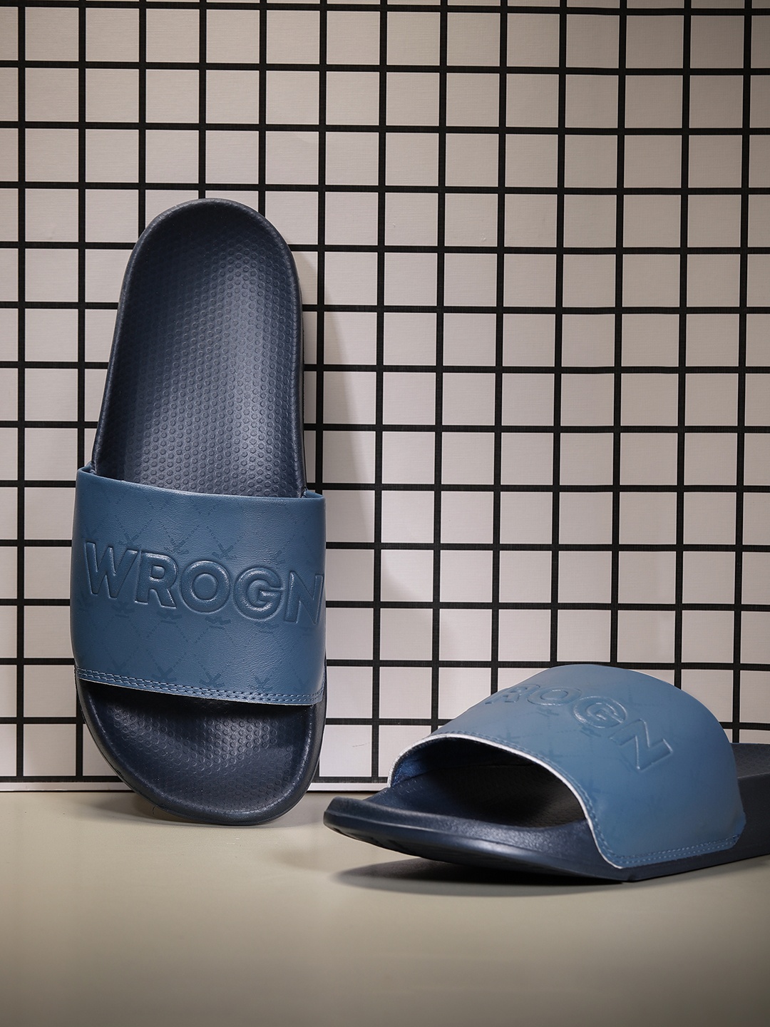 

WROGN Men Brand Textured Sliders, Navy blue