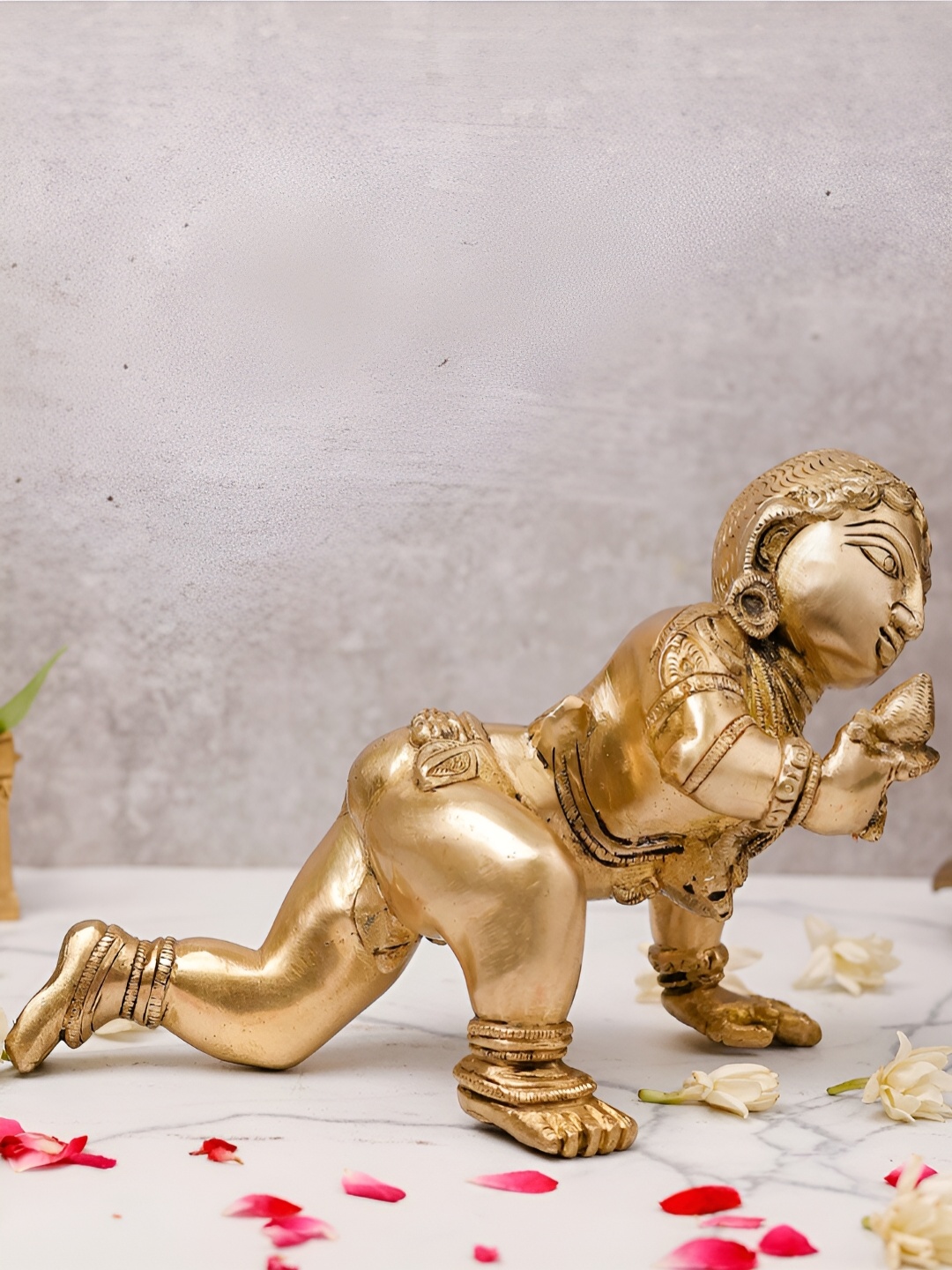

The Advitya Krishna Murti Kanha Makhan Chor Brass Religious Idol Showpiece, Gold