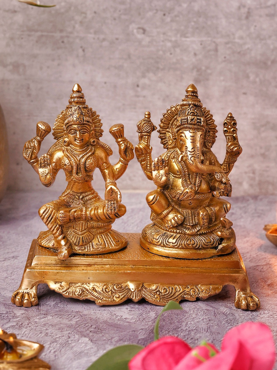 

The Advitya Ganesha Laxmi Pair On Same Base Brass Religious Idol, Gold