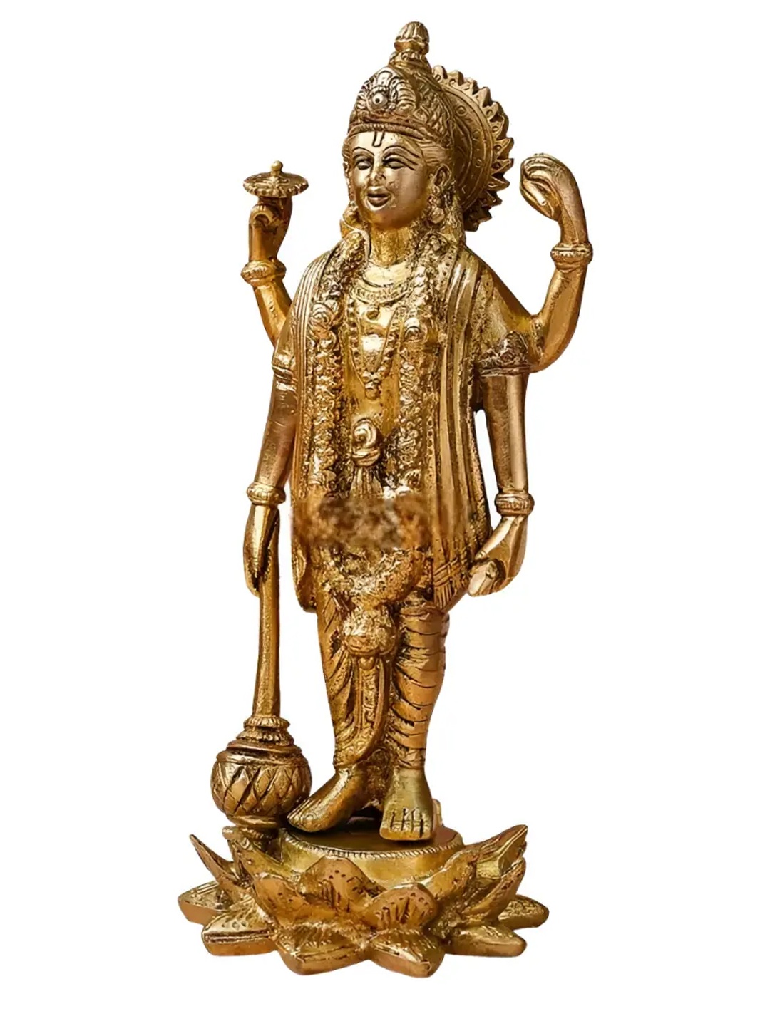 

The Advitya Vishnu Narayann Holding Gada On Lotus Brass Religious Idol, Gold