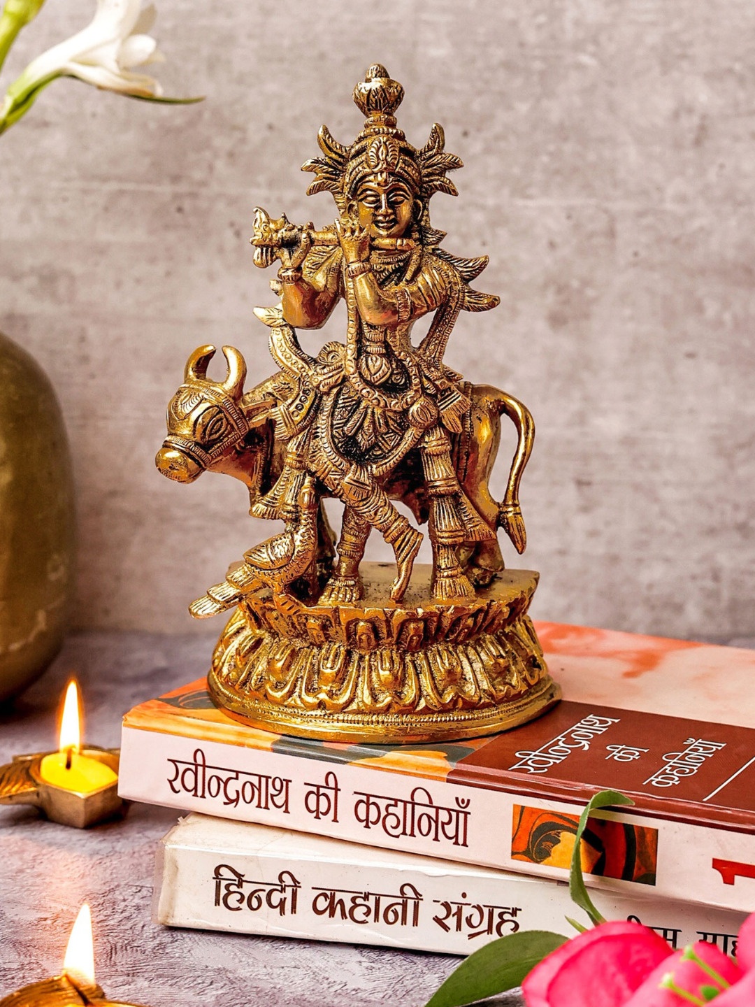 

The Advitya Lord Krishna With Cow Brass Religious Idol, Gold