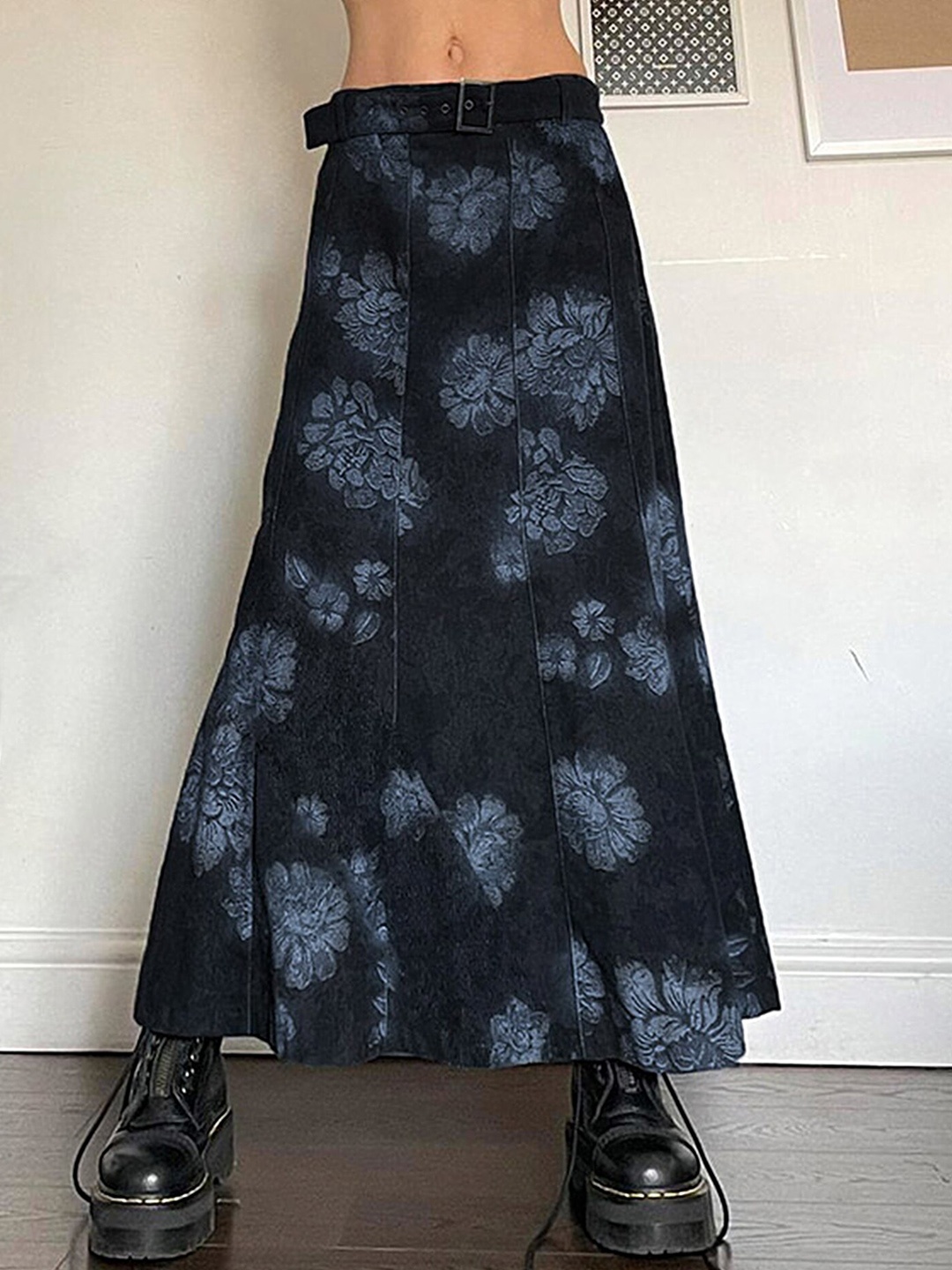 

LULU & SKY Floral Printed Buckle Belted Flared A-Line Maxi Skirt, Grey