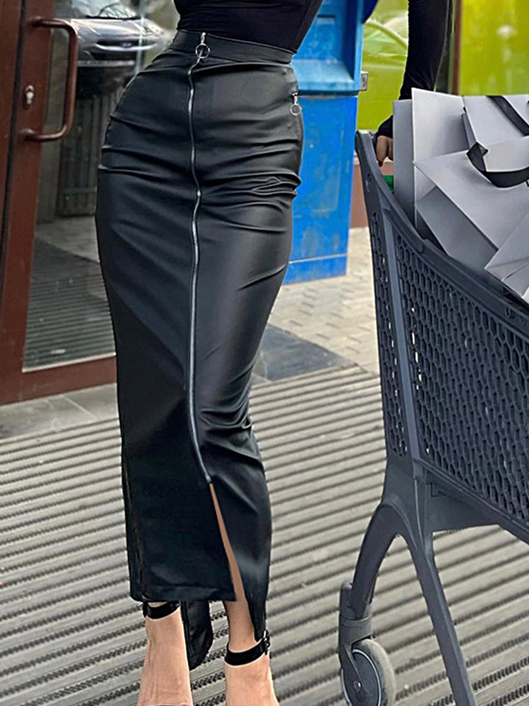 

LULU & SKY Zip-Fly Leather Midi Pencil Skirt, Black