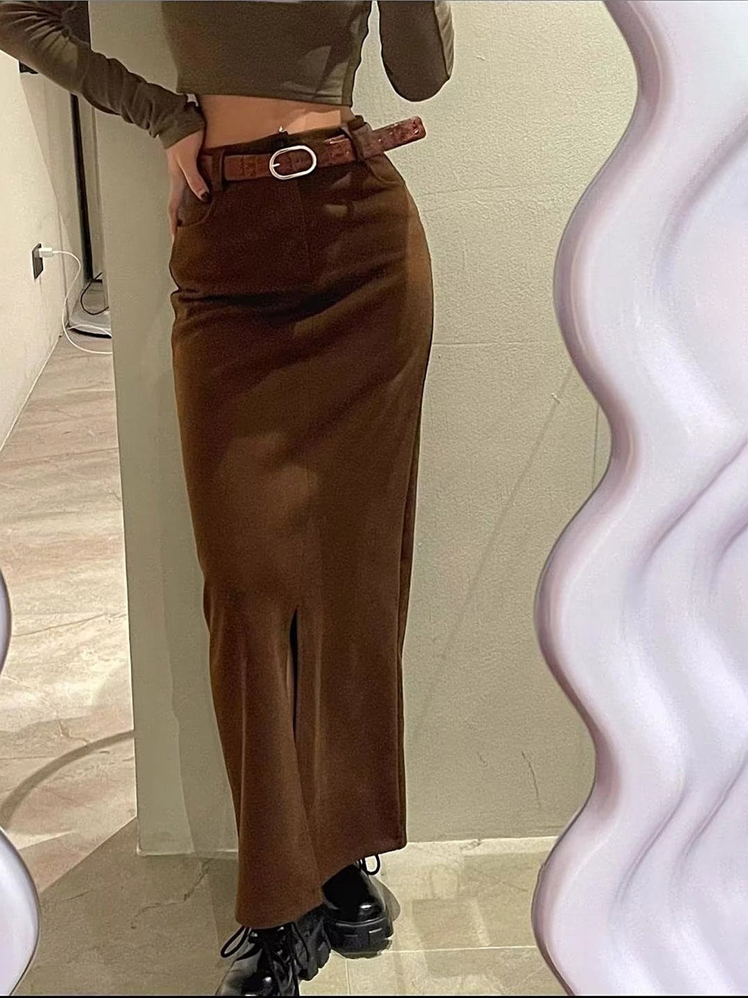 

LULU & SKY Front-Slit Maxi Straight Skirt, Coffee brown