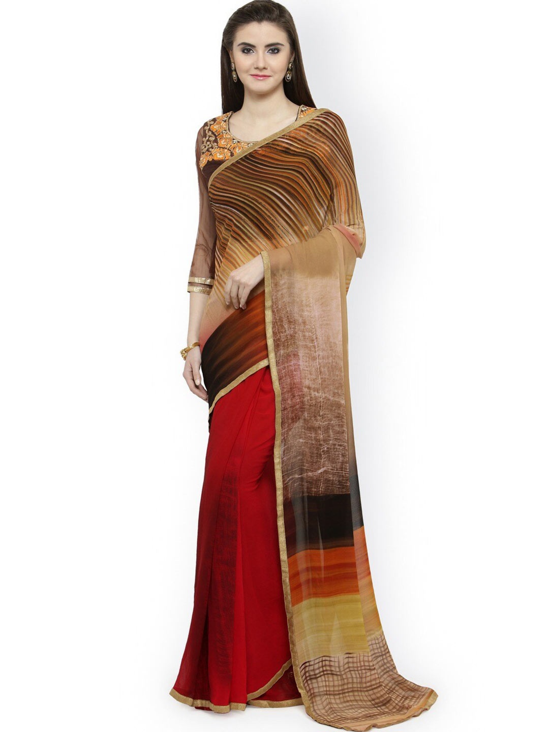 

Shaily Red & Beige Striped Zari Georgette Saree