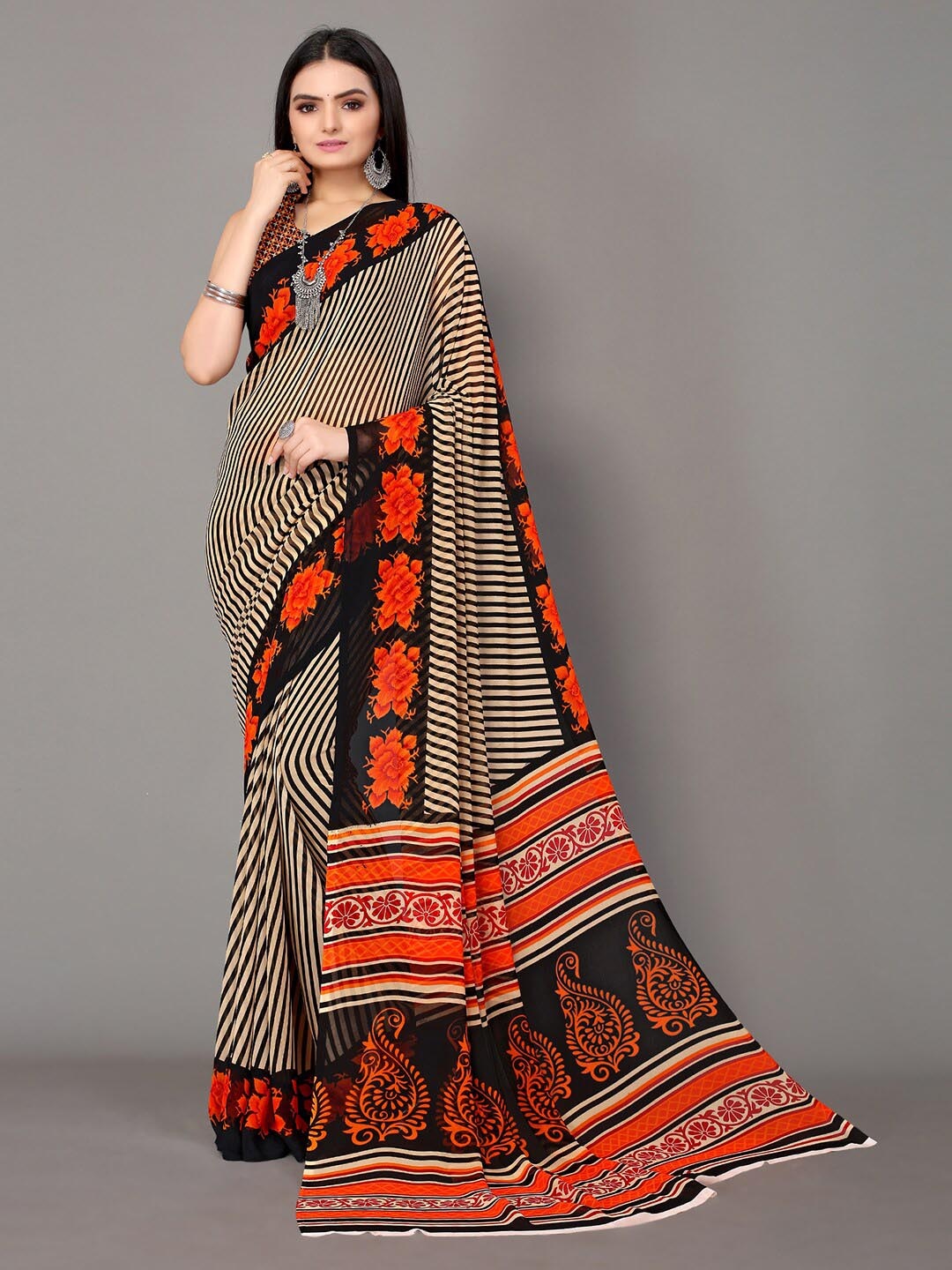 

Shaily Striped Poly Georgette Saree, Orange