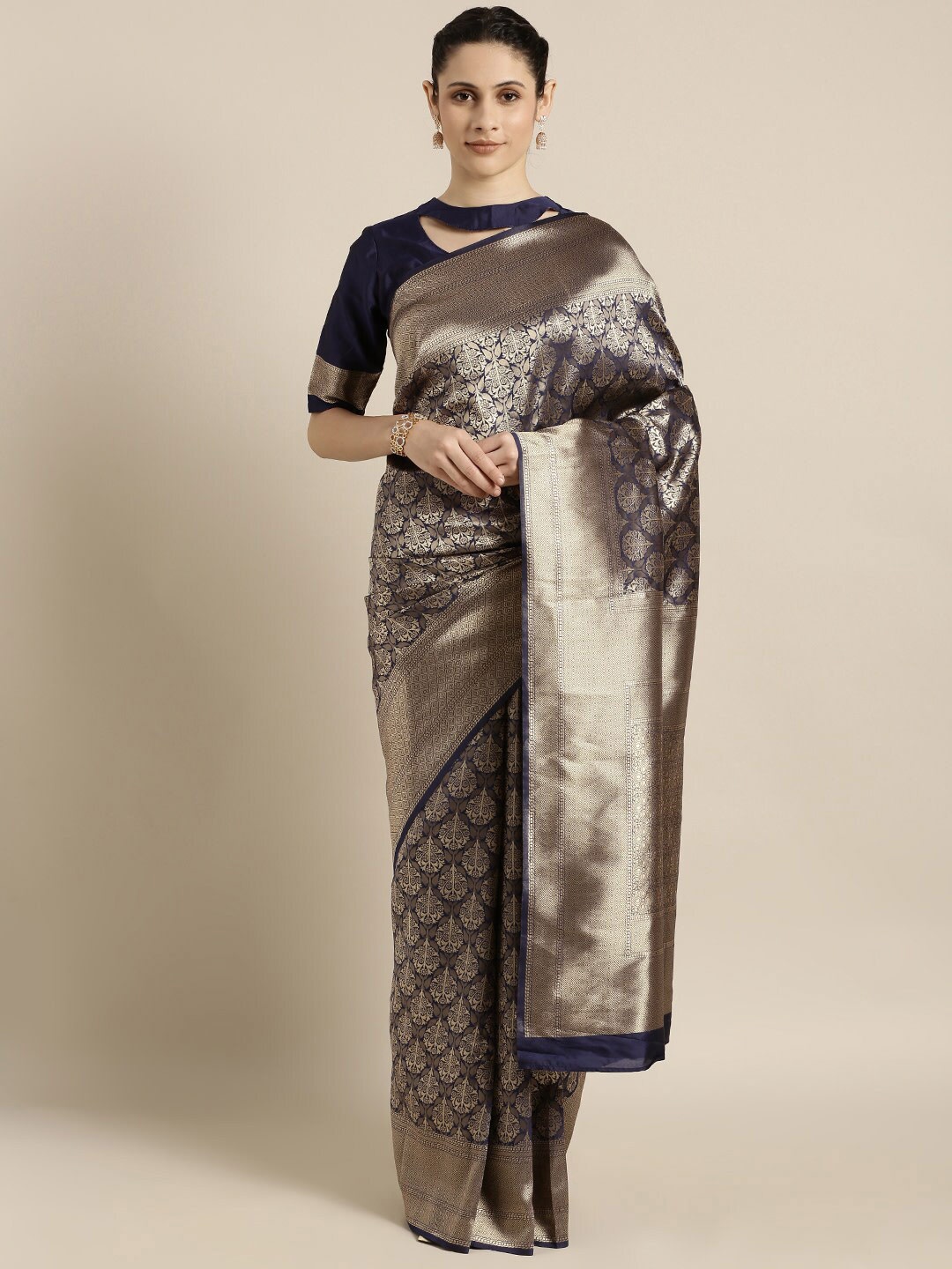 

Shaily Ethnic Motifs Woven Design Silk Blend Saree, Navy blue