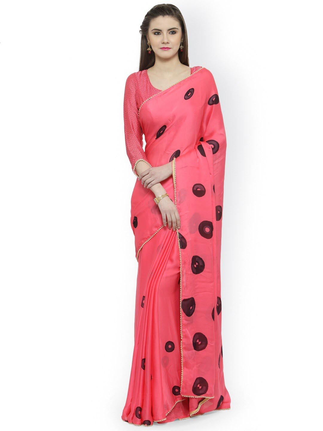 

Shaily Pink & Black Geometric Printed Embellished Satin Saree