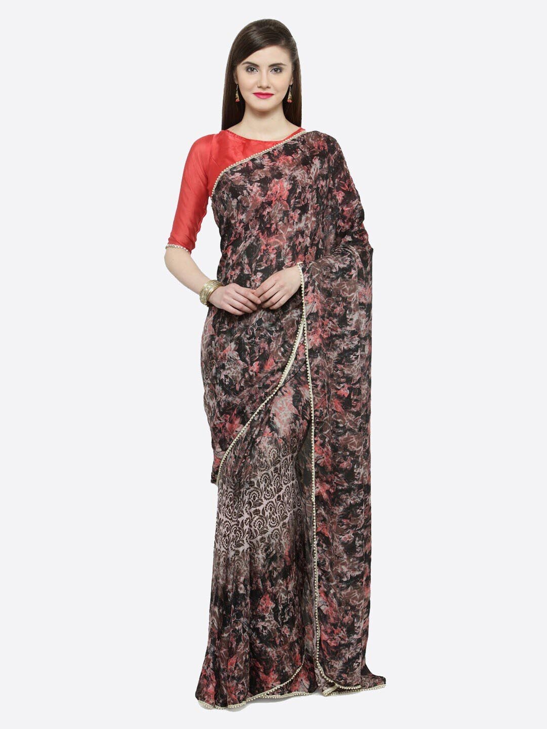 

Shaily Floral Printed Embellished Satin Saree, Beige