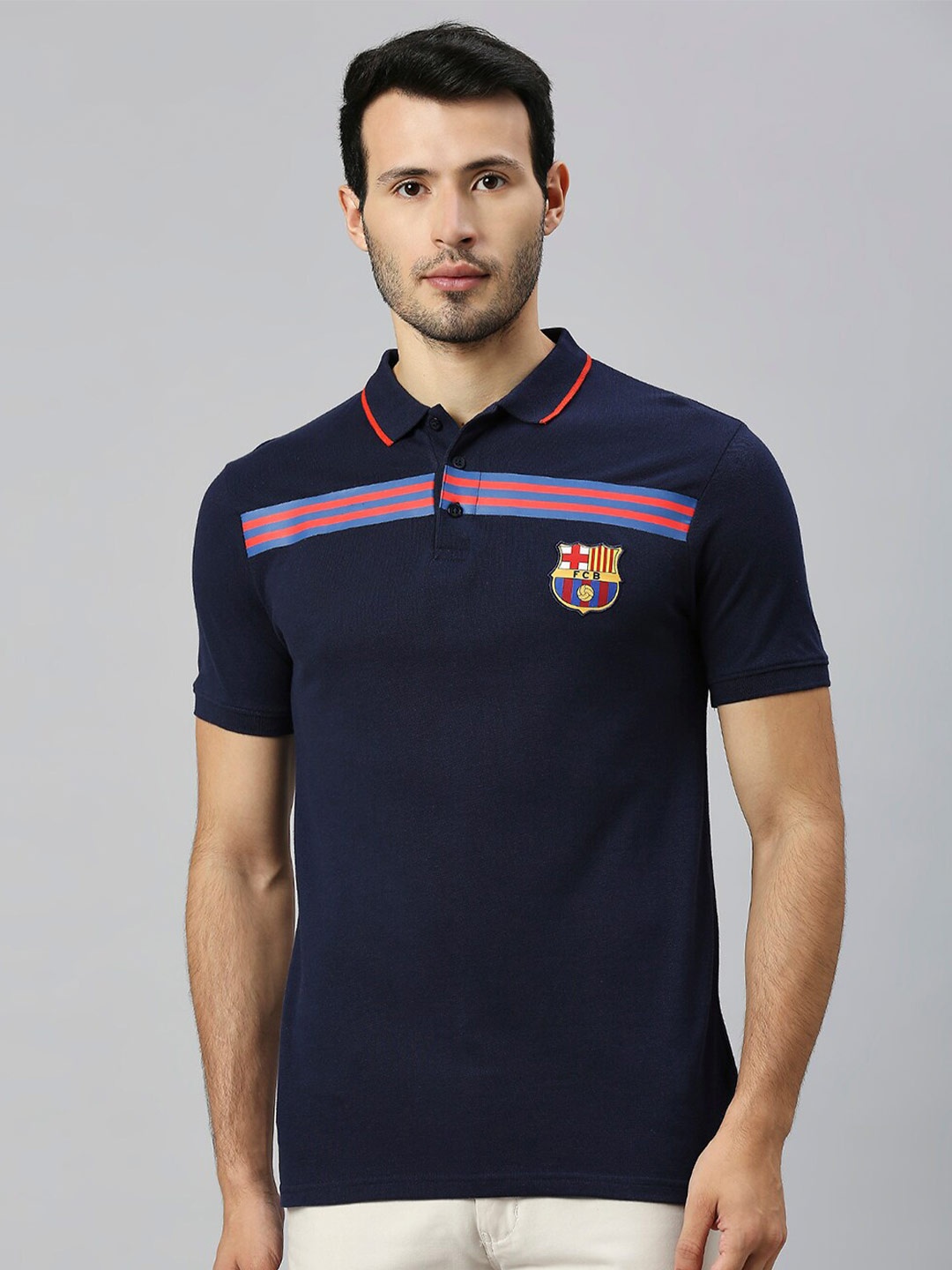 

FanCode Barcelona Striped Polo Collar Cotton T-shirt, Navy blue