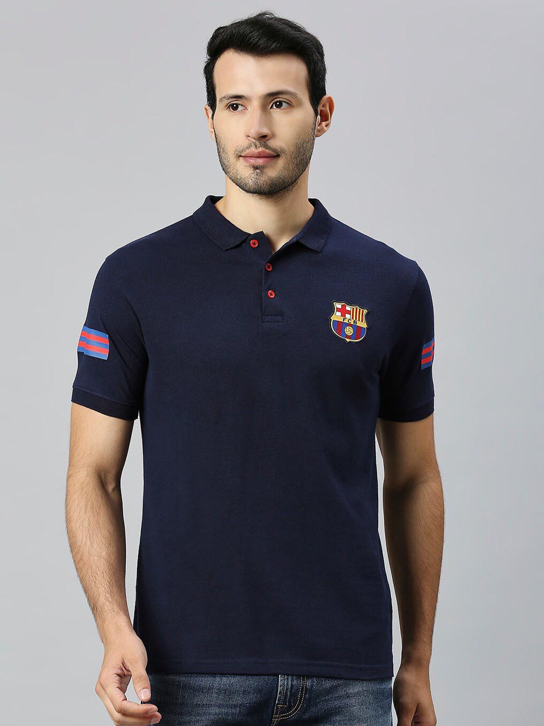 

FanCode Barcelona Polo Collar Cotton T-shirt, Navy blue