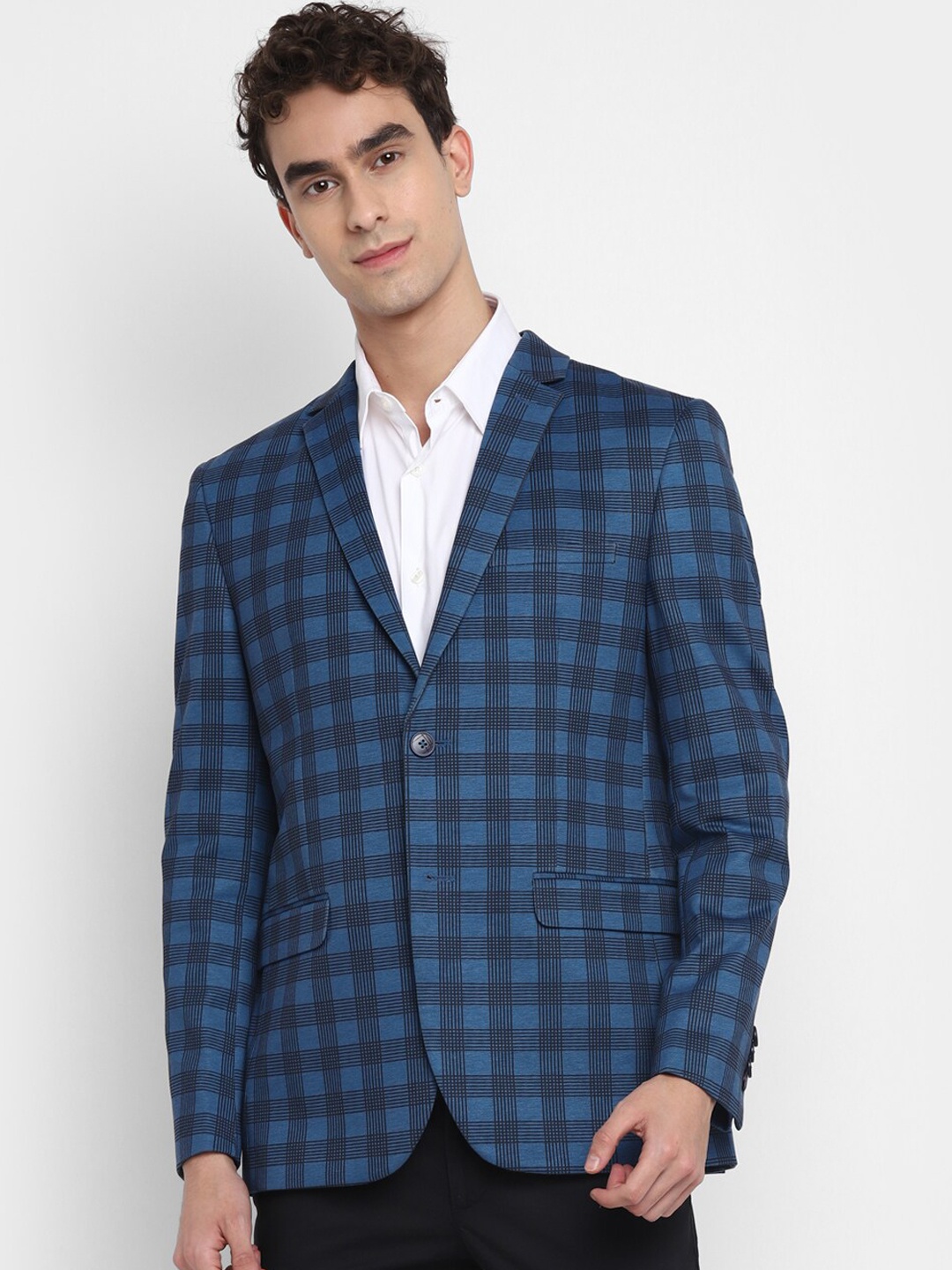 

Turtle Checked Notched Lapel Long Sleeves Cotton Slim Fit Single Breasted Blazer, Blue