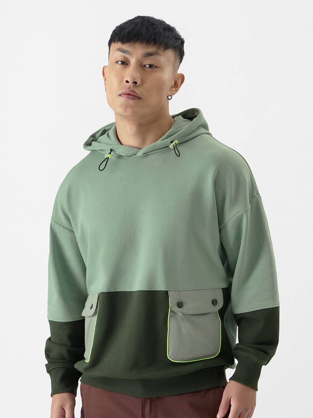 

The Souled Store Colourblocked Hooded Drop Shoulder Oversized Pullover Sweatshirt, Green