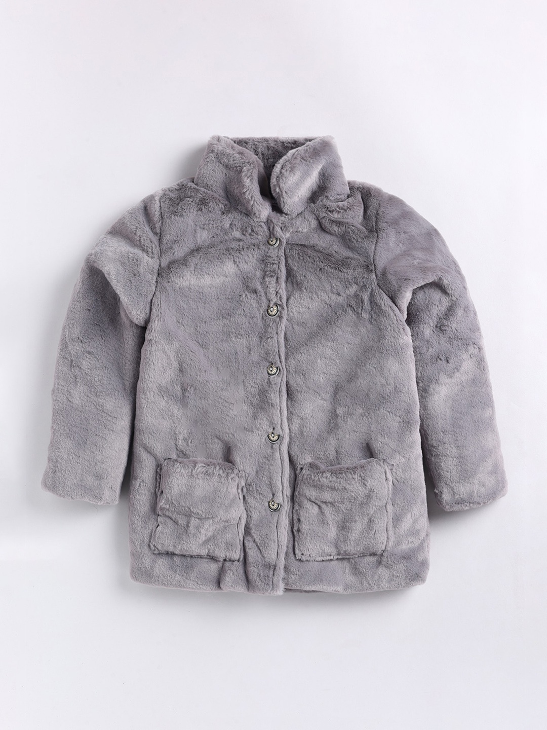 

M'andy Girls Self Design Fleece Open Front Jacket With Faux Fur Trim, Grey