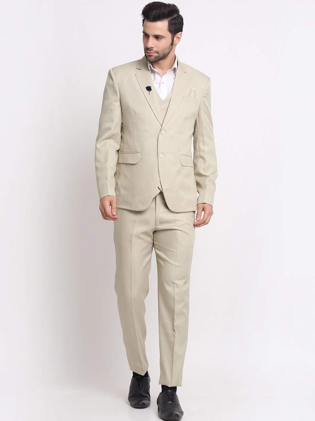 

KLOTTHE Men Cream Solid Single-Breasted Three-Piece Party Suit