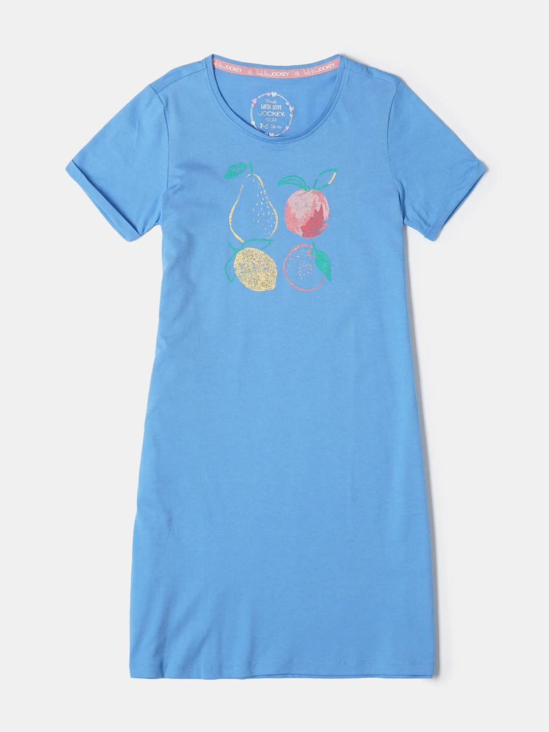 

Jockey Girl's Super Combed Cotton Relaxed Fit Round Neck Printed Knee Length Dress-RG09, Blue