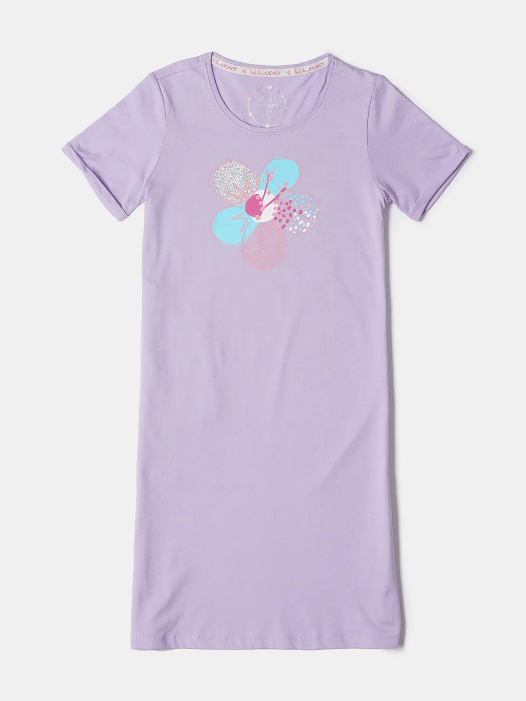 

Jockey Girl's Super Combed Cotton Relaxed Fit Round Neck Printed Knee Length Dress-RG09, Lavender