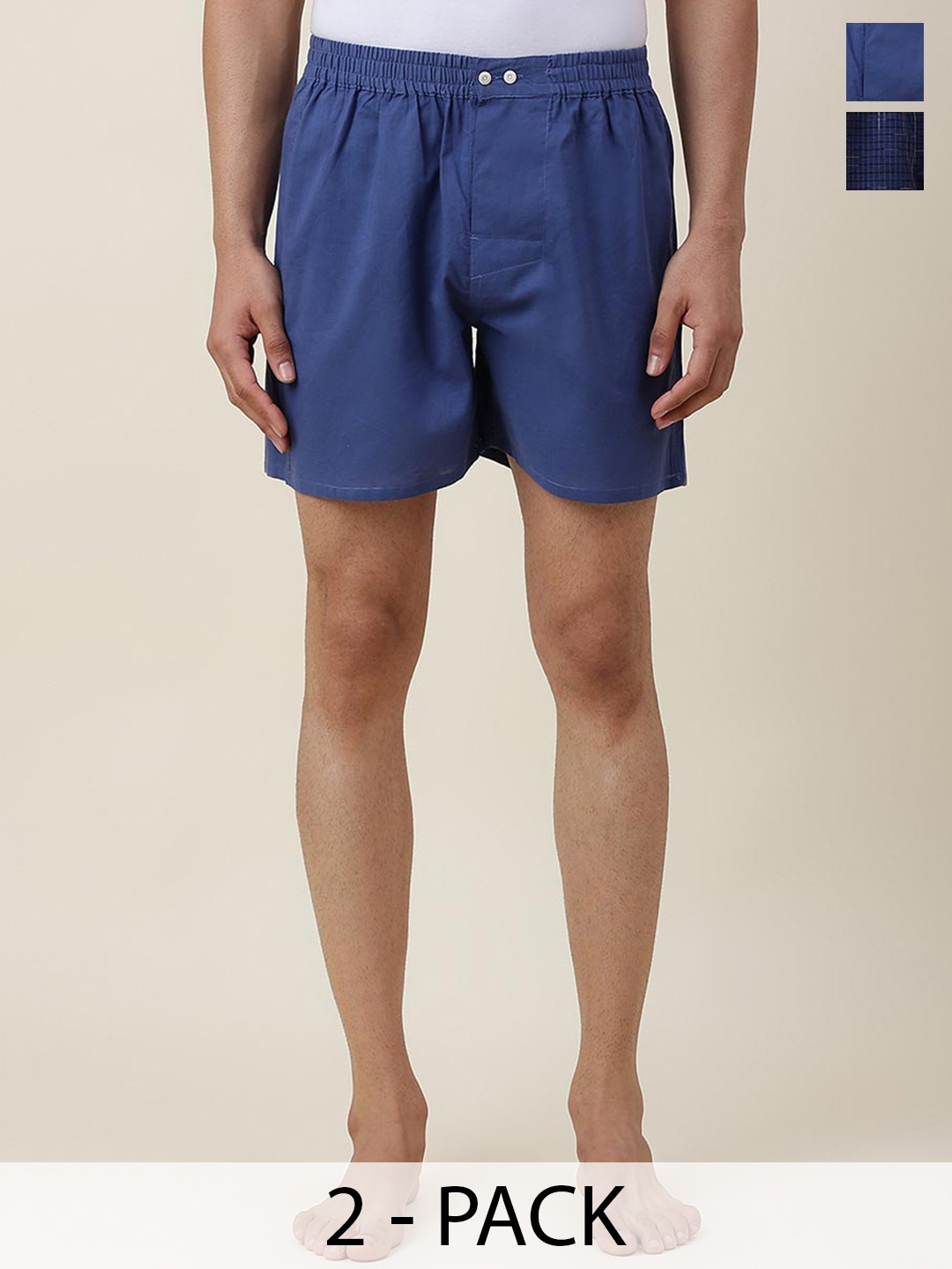 

Fabindia Men Pack Of 2 Mid Rise Above Knee Cotton Shorts, Blue