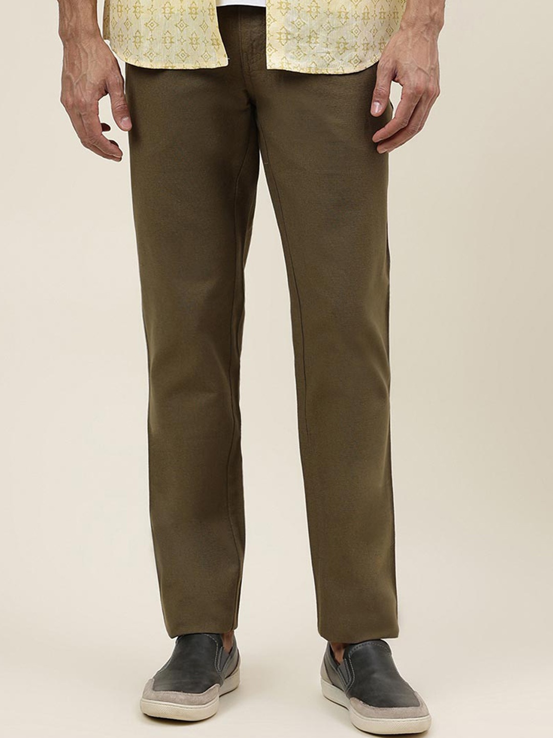 

Fabindia Men Slim Fit Mid-Rise Cotton Regular Trousers, Olive