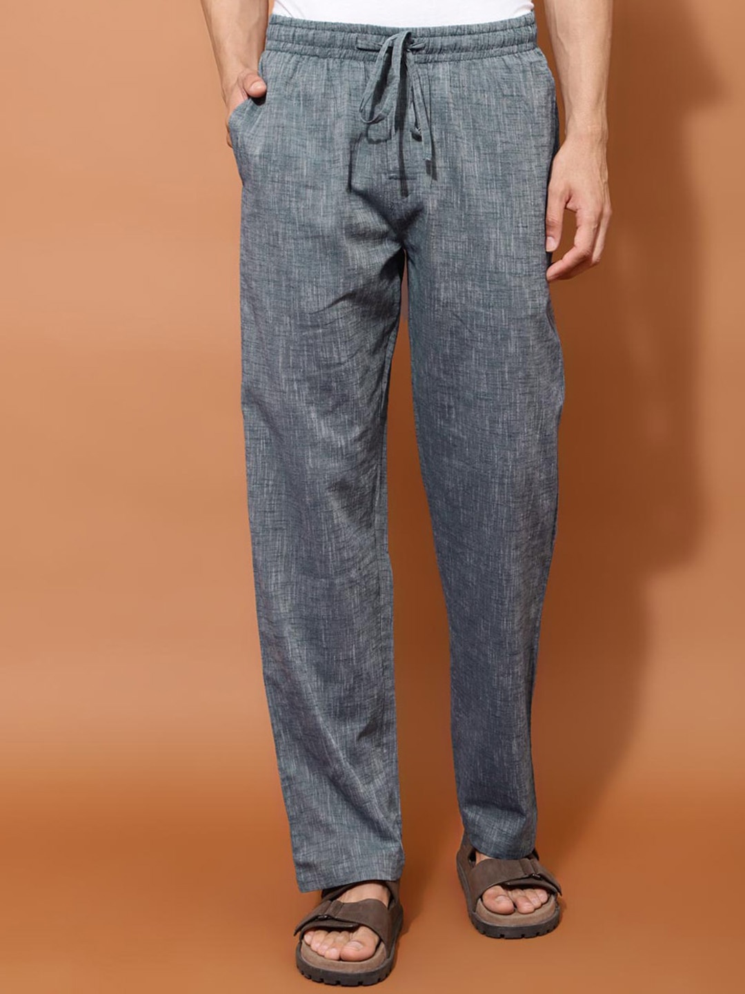 

Fabindia Men Comfort Fit Mid-Rise Cotton Straight Lounge Pants, Navy blue