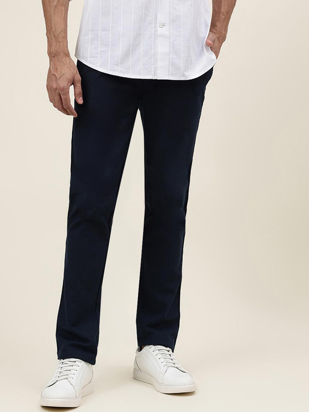 

Fabindia Men Slim Fit Mid-Rise Cotton Regular Trousers, Navy blue