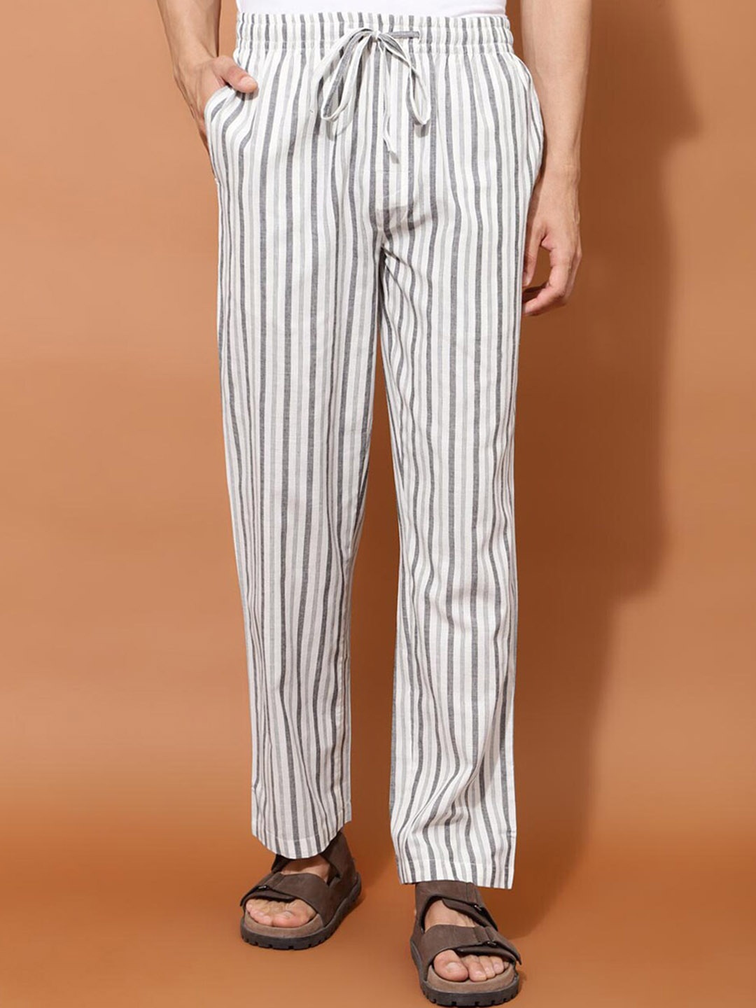 

Fabindia Men Striped Mid-Rise Cotton Regular Trousers, White
