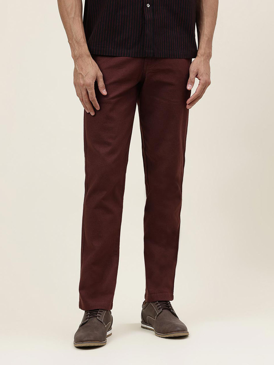 

Fabindia Men Slim Fit Mid-Rise Cotton Trousers, Brown
