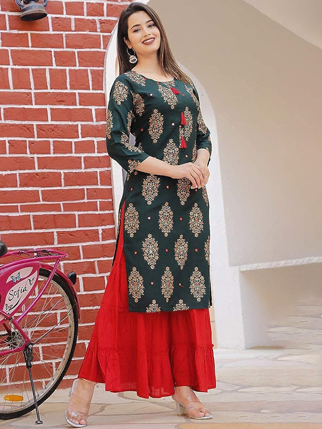 

BRASK INDIA Floral Printed Round Neck Regular Mirror Work Kurta With Sharara, Green