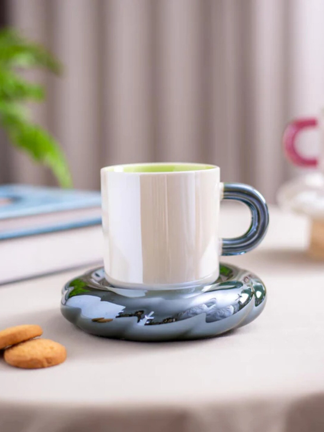 

THEDECORKART White & Silver Toned 2 Pieces Glass Transparent Cup and Saucer 200ml