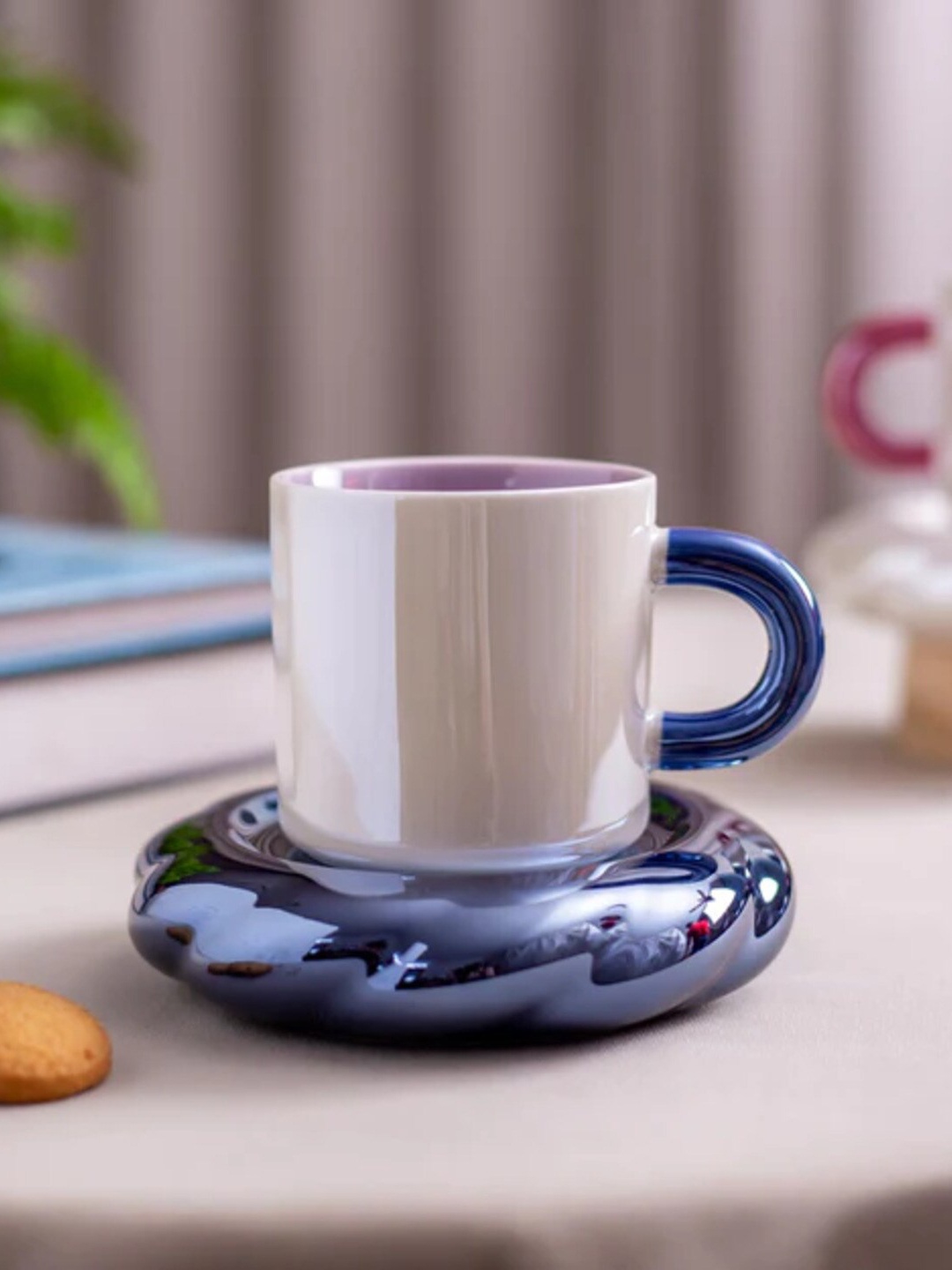 

THEDECORKART White & Blue 2 Pieces Glass Transparent Cup and Saucer 200ml