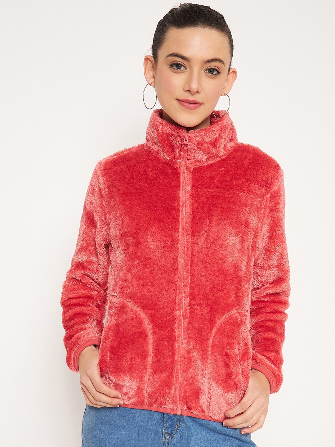 

Madame Mock Collar Cotton Front Open Sweatshirt, Pink