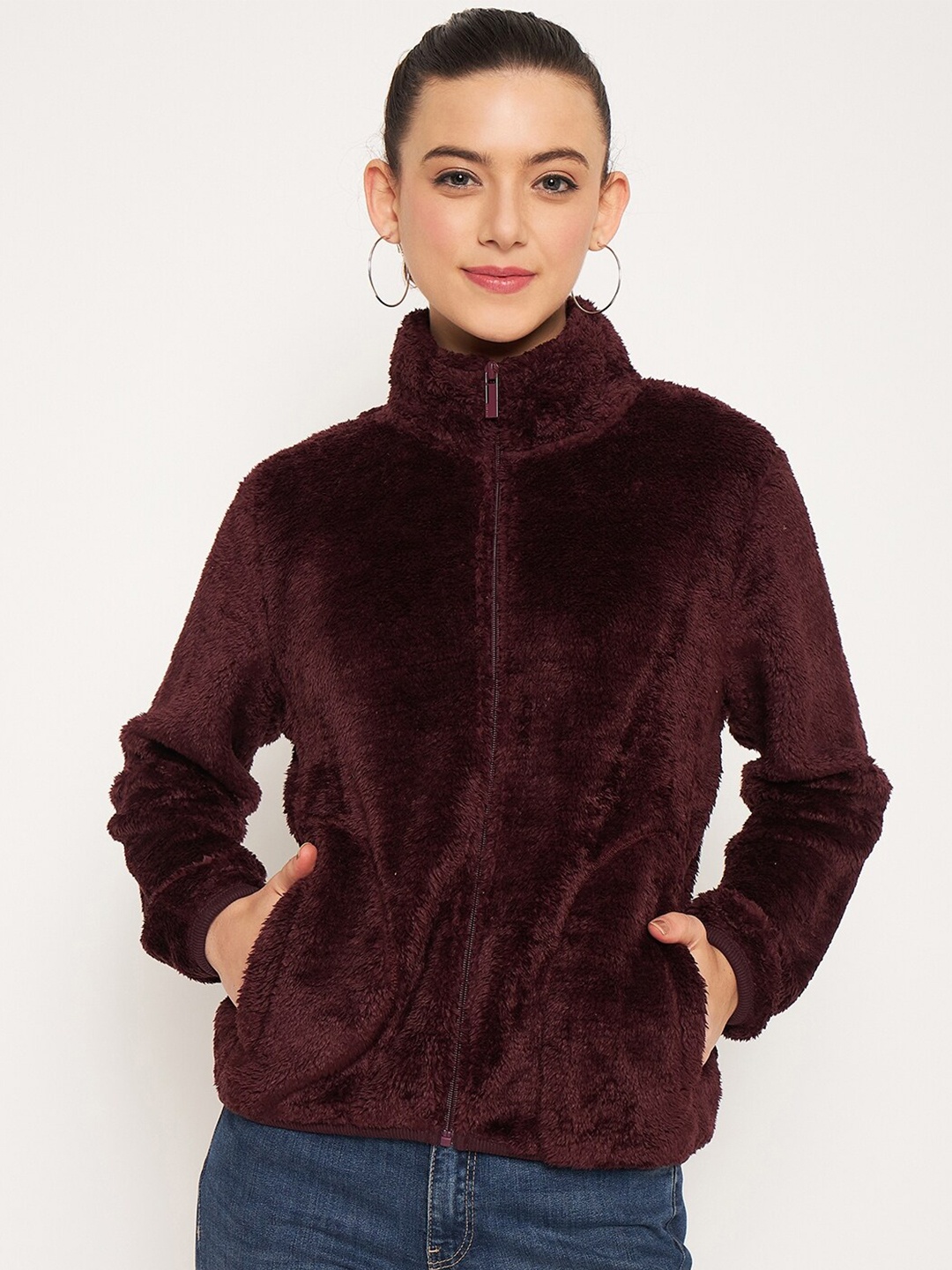 

Madame Mock Collar Cotton Front-Open Sweatshirt, Maroon