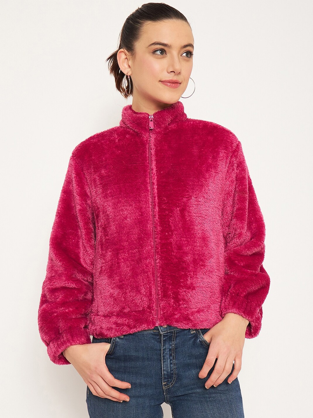 

Madame Mock Collar Cotton Front Open Sweatshirt, Pink
