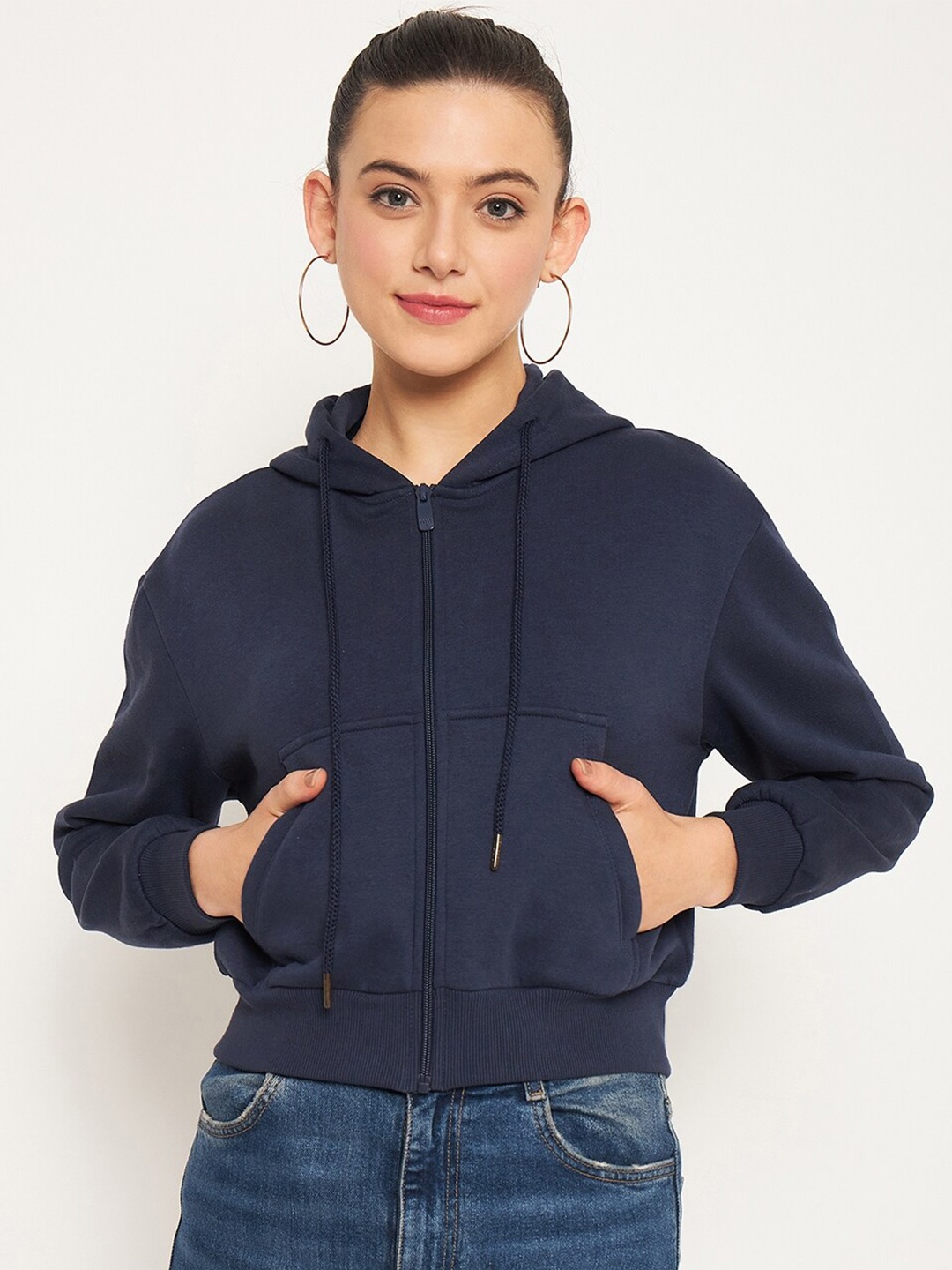 

Madame Hooded Cotton Front-Open Sweatshirt, Navy blue