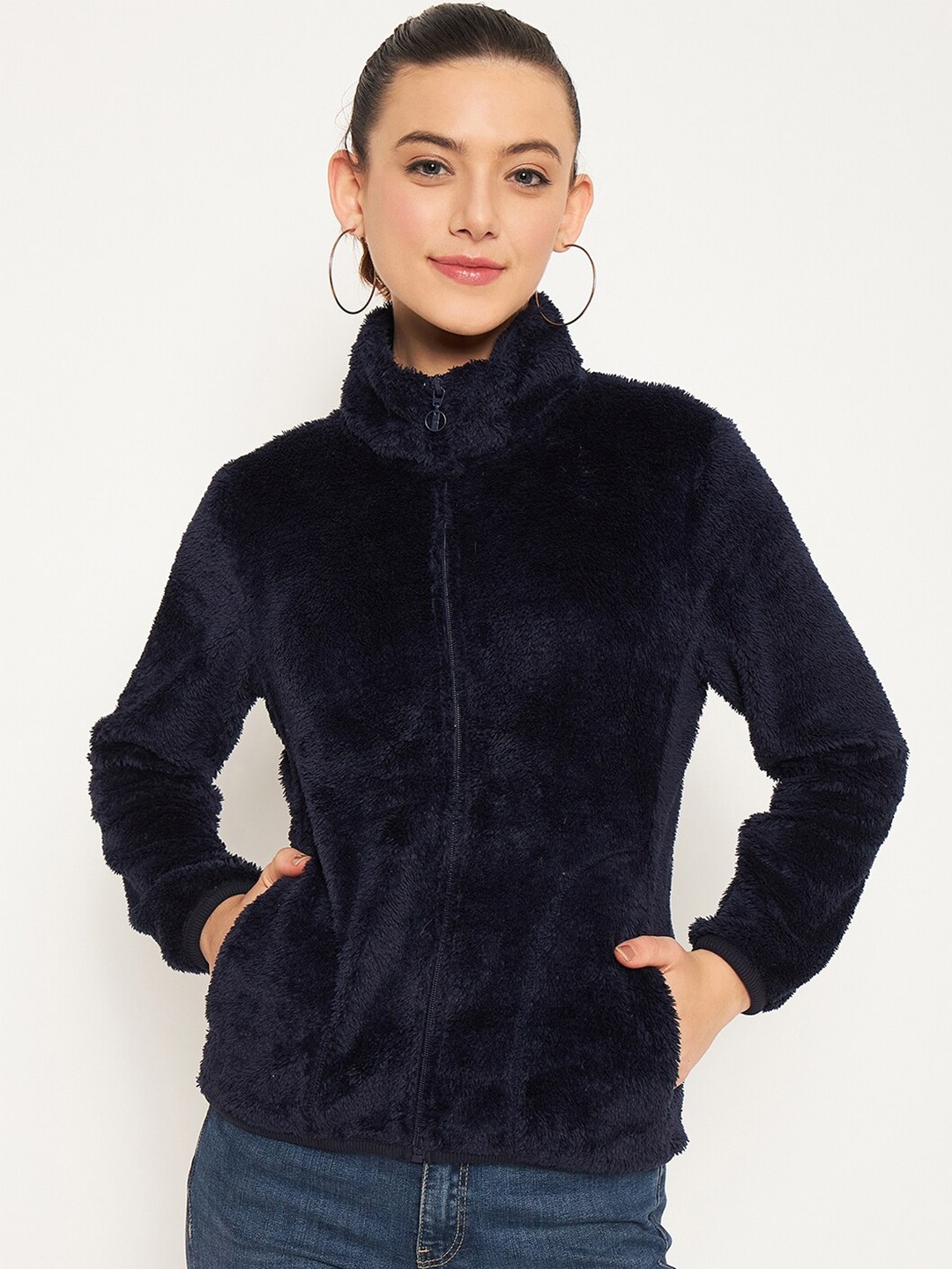 

Madame Mock Collar Cotton Front-Open Sweatshirt, Blue