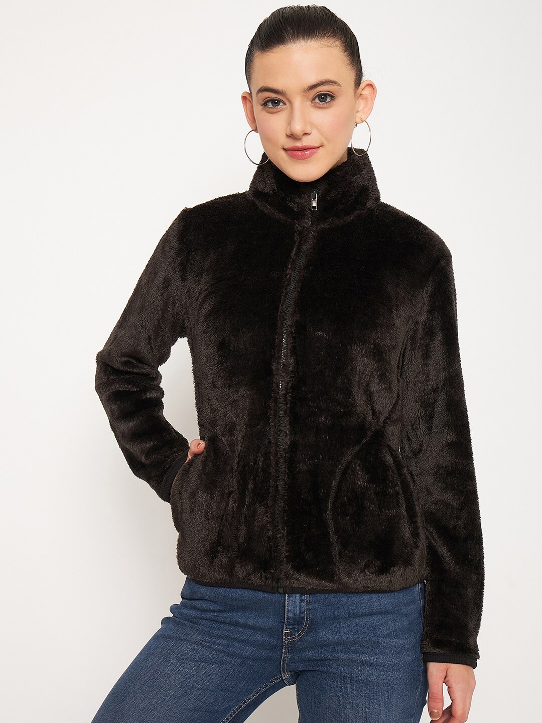 

Madame Mock Collar Cotton Front-Open Sweatshirt, Black