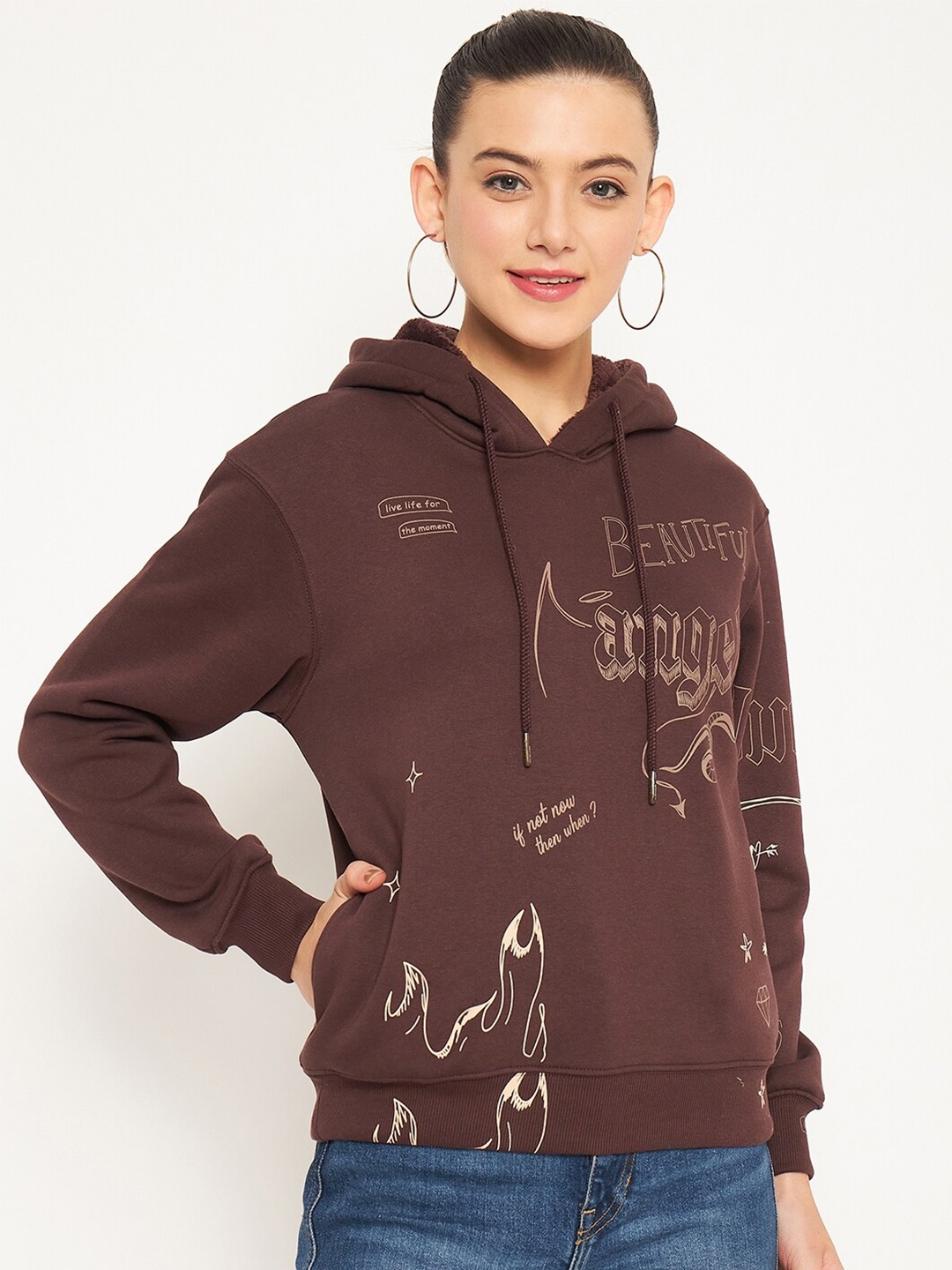 

Madame Typography Printed Hooded Cotton Pullover, Coffee brown