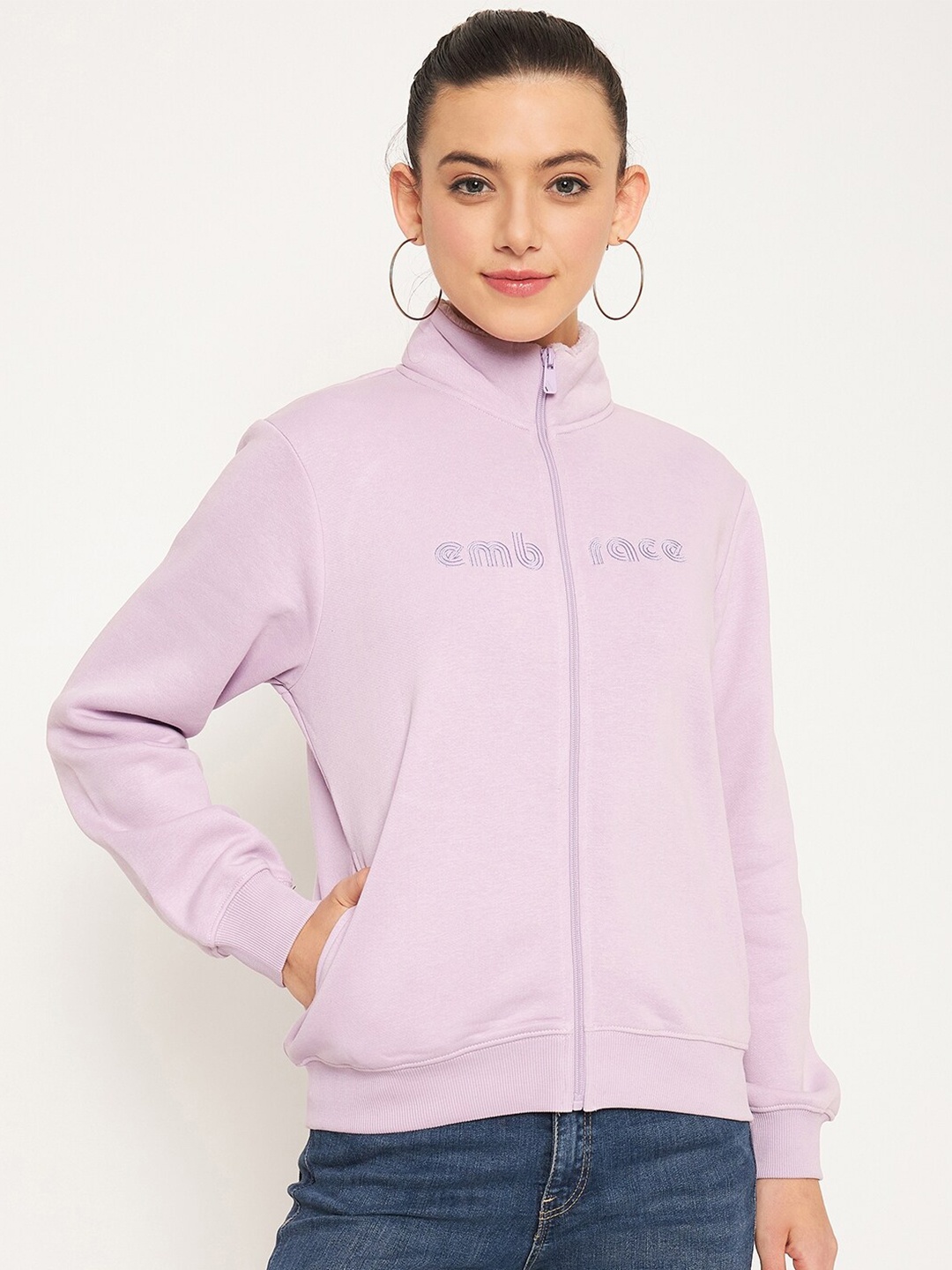 

Madame Mock Collar Cotton Front-Open Sweatshirt, Purple