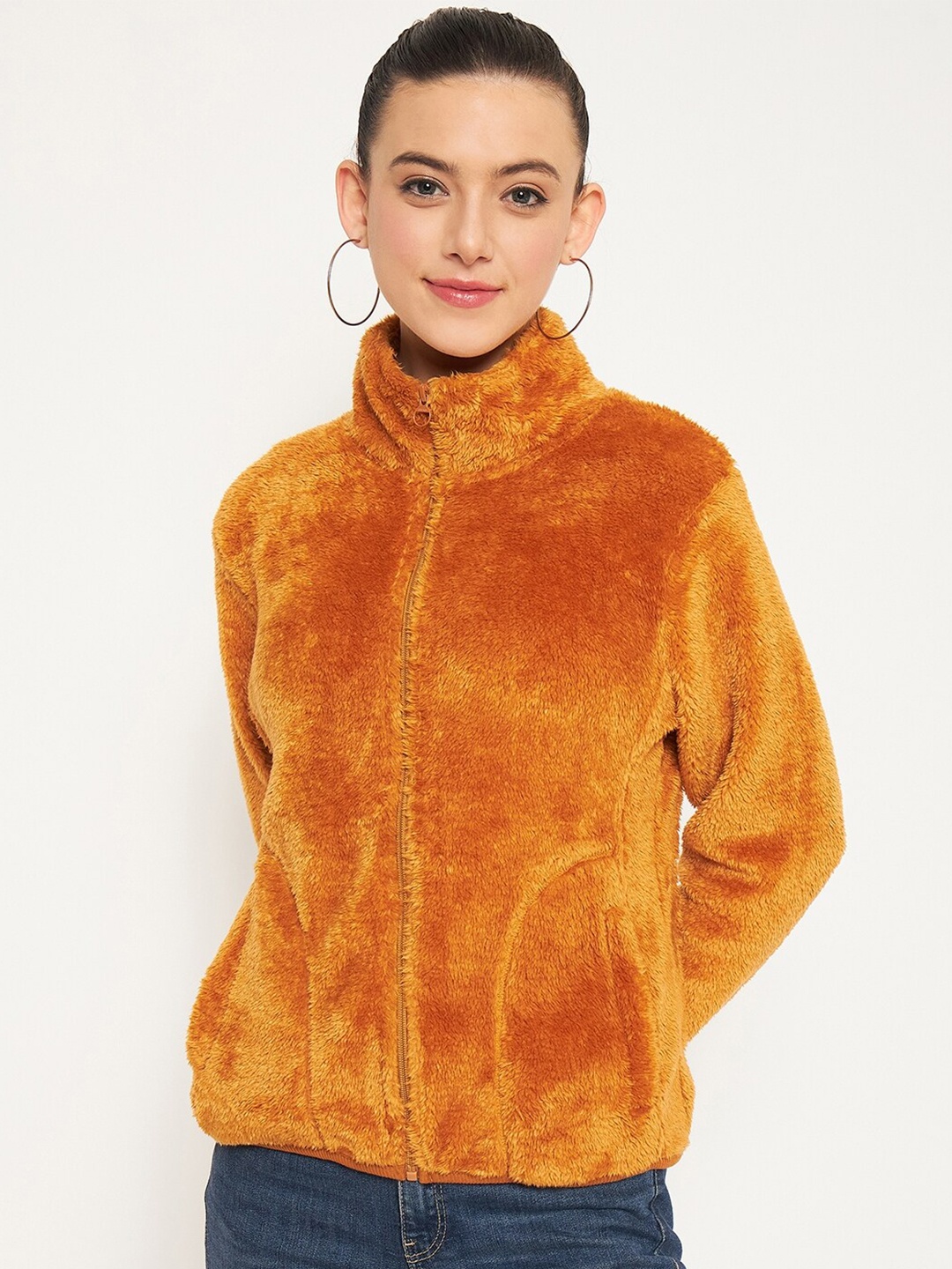 

Madame Mock Collar Cotton Front-Open Sweatshirt, Mustard