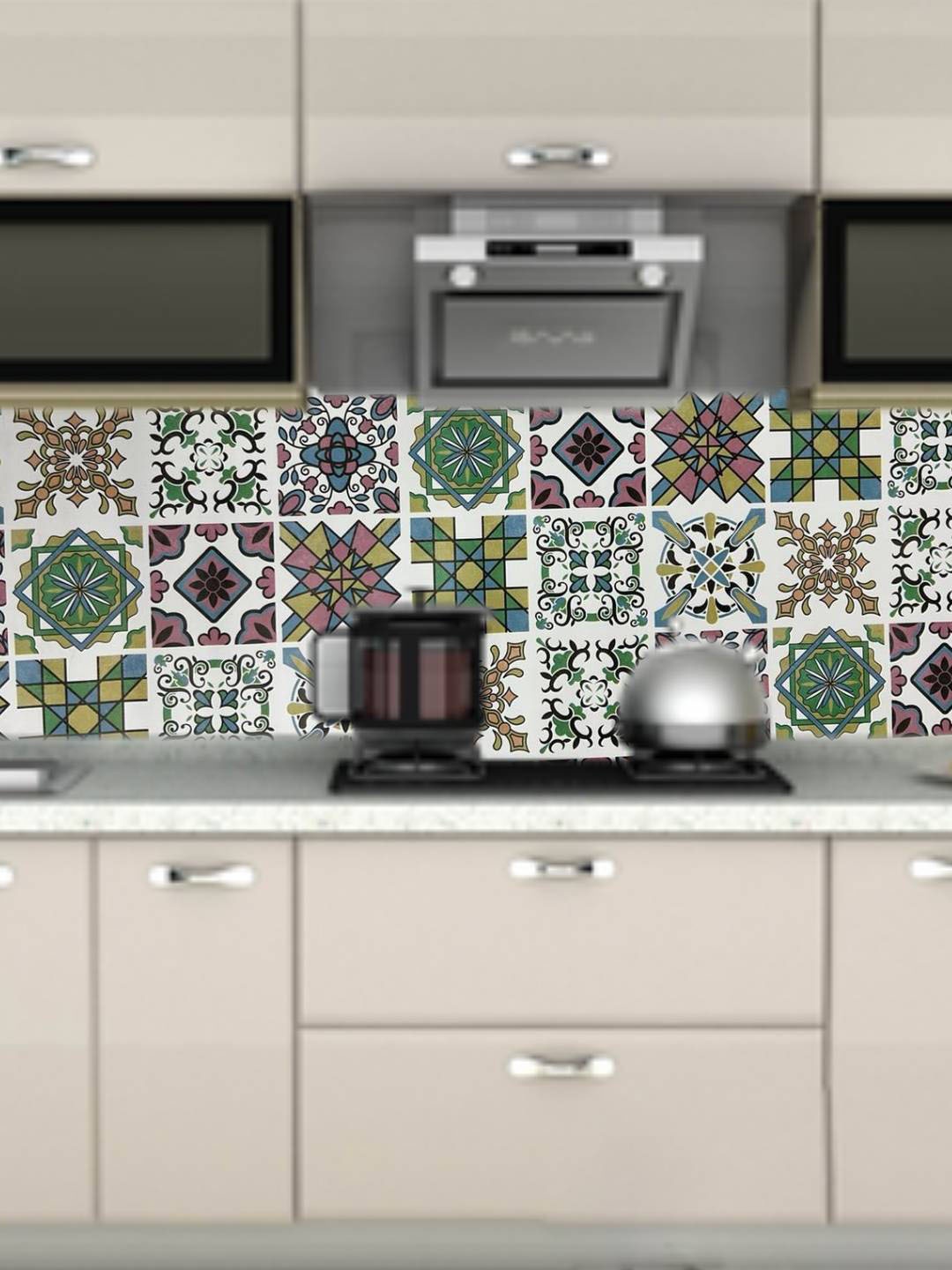 

Jaamso Royals White & Green Square Tile Design Vinyl Self Design Kitchen Wallpaper