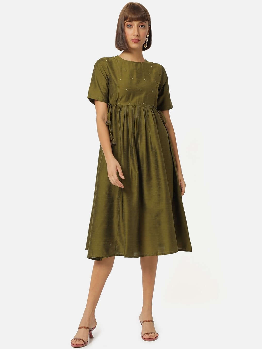 

Saaki Round Neck Cotton A-Line Dress, Green