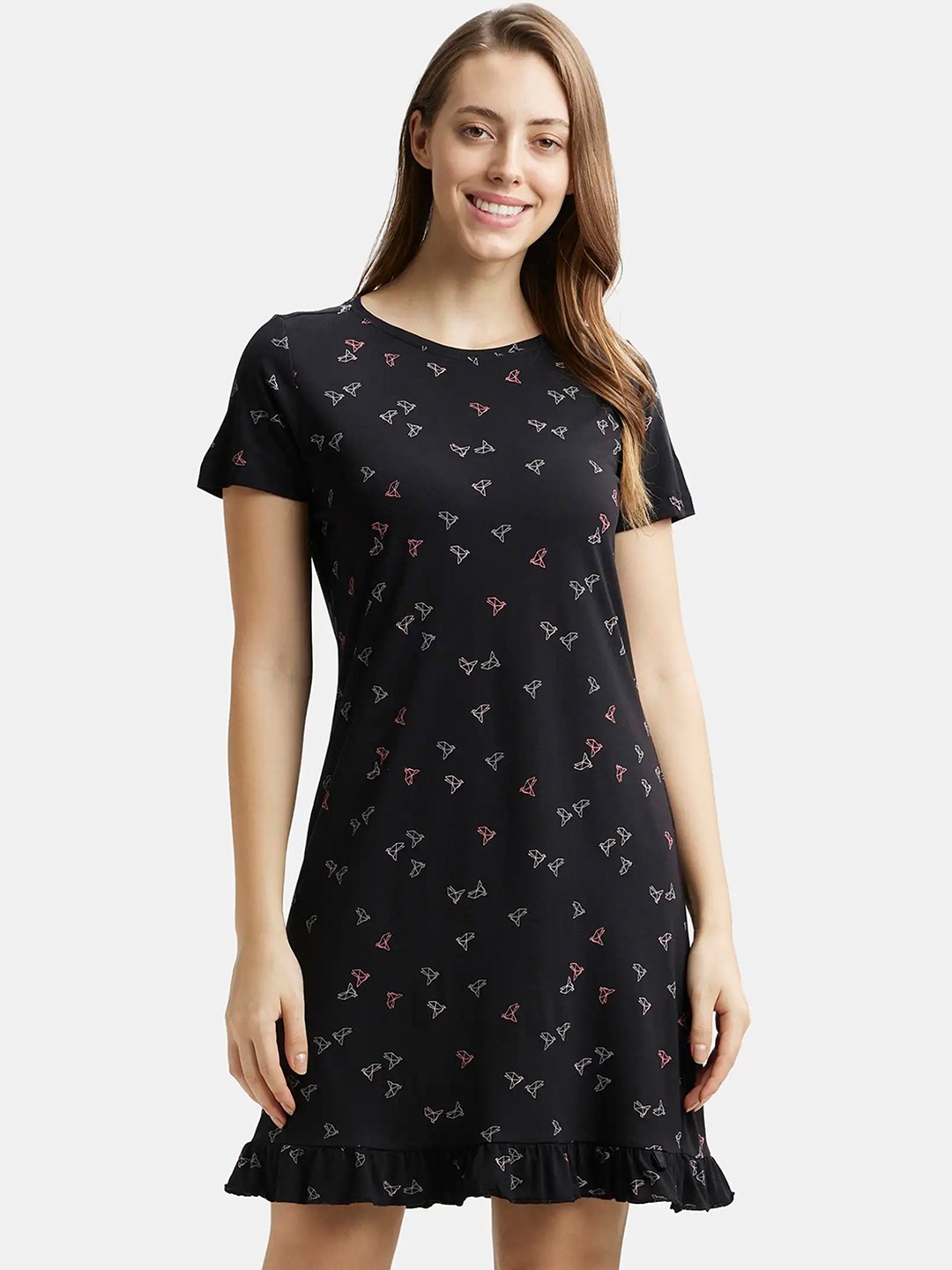 

Jockey Micro Modal Cotton Ruffled Hem Styled Printed Sleep Dress-RX25, Black