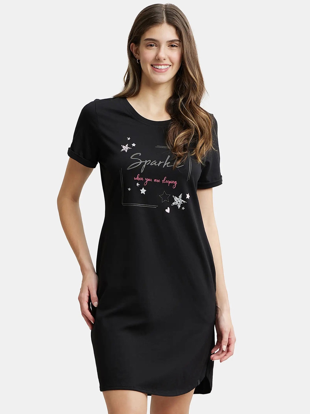 

Jockey Printed Super Combed Cotton Curved Hem Styled Sleep Dress-RX44, Black