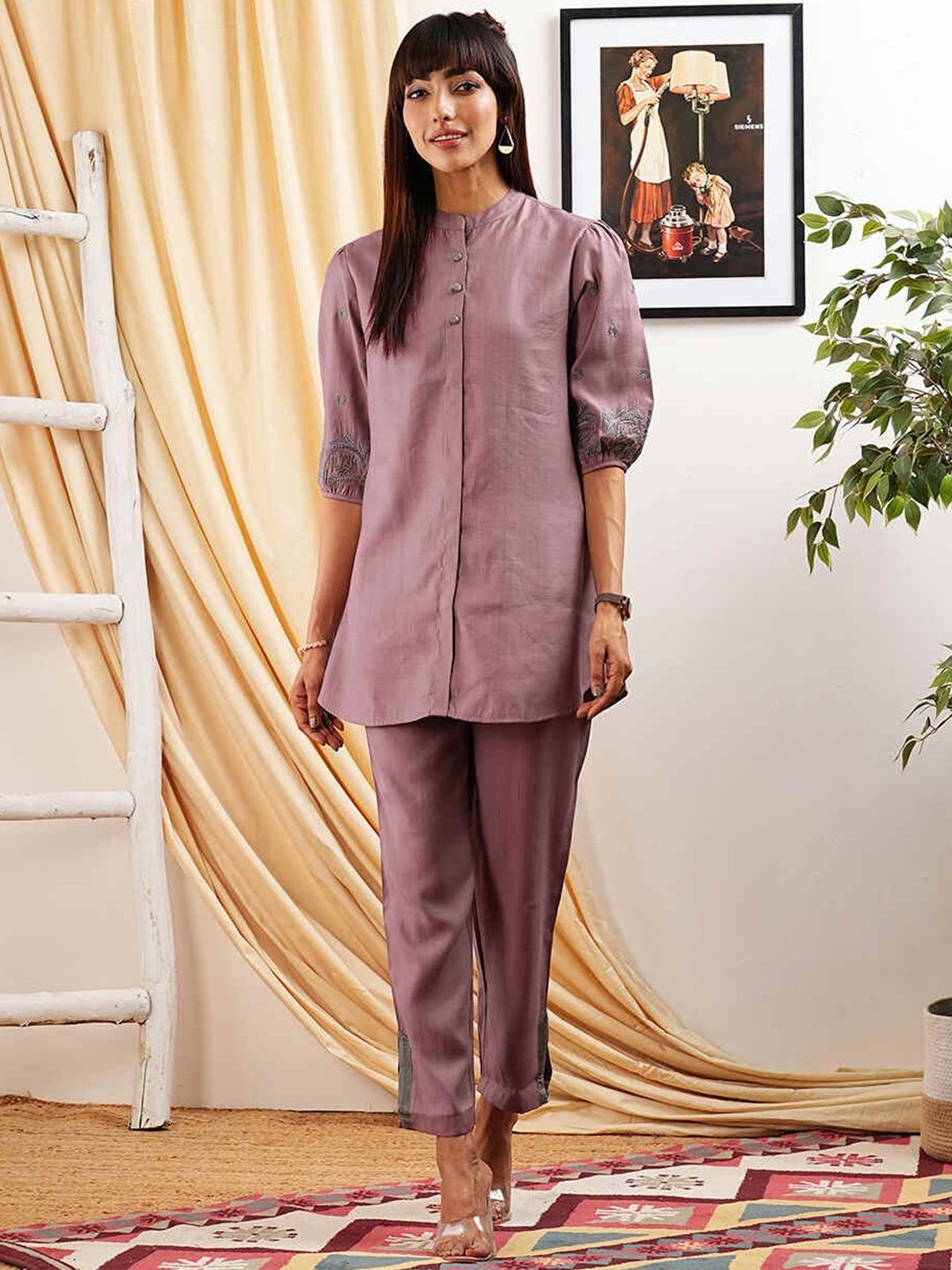 

ZOLA Mandarin Collar Puff Sleeves Tunic With Trouser, Mauve