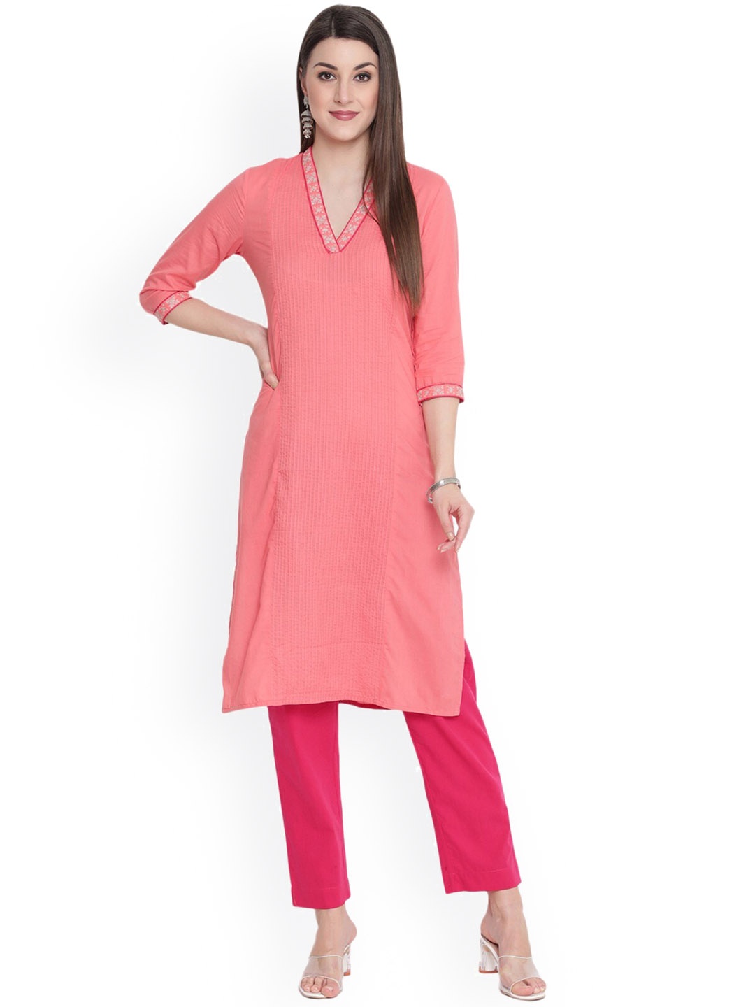

SAVI V-Neck Thread Work Straight Kurta, Pink
