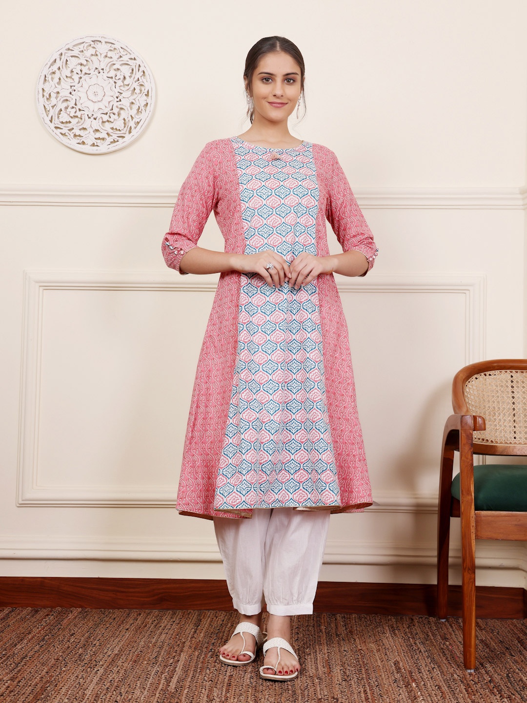 

SAVI Ethnic Motifs Printed A-Line Kurta, Pink