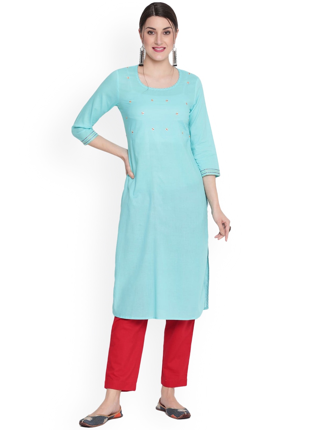 

SAVI Floral Embroidered Straight Cotton Kurta, Turquoise blue